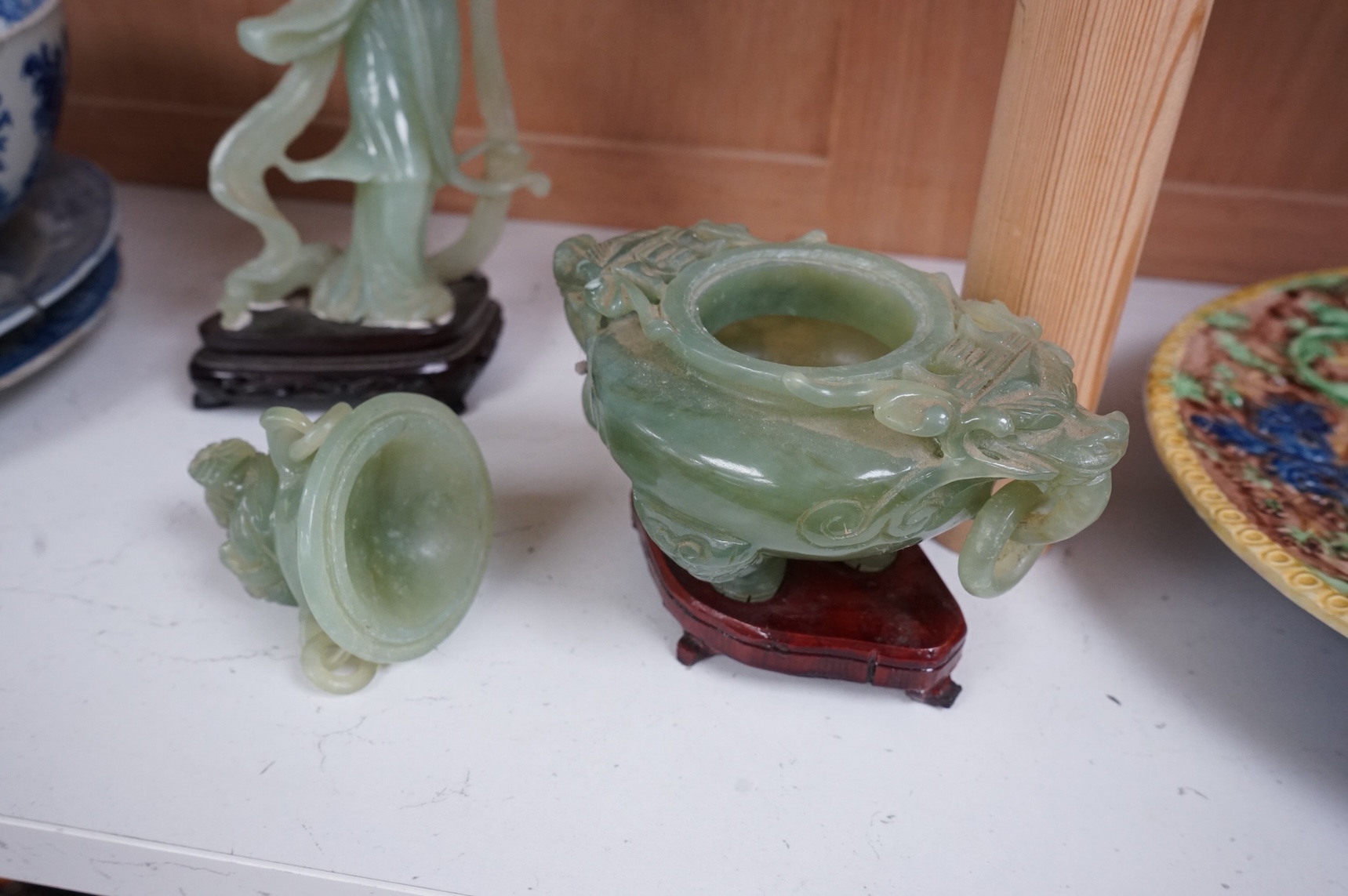 A Chinese jadeite figure and a similar censer and cover, overall 23cm high